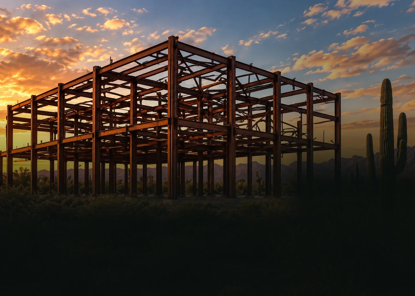 Steel-frame commercial construction project at sunset