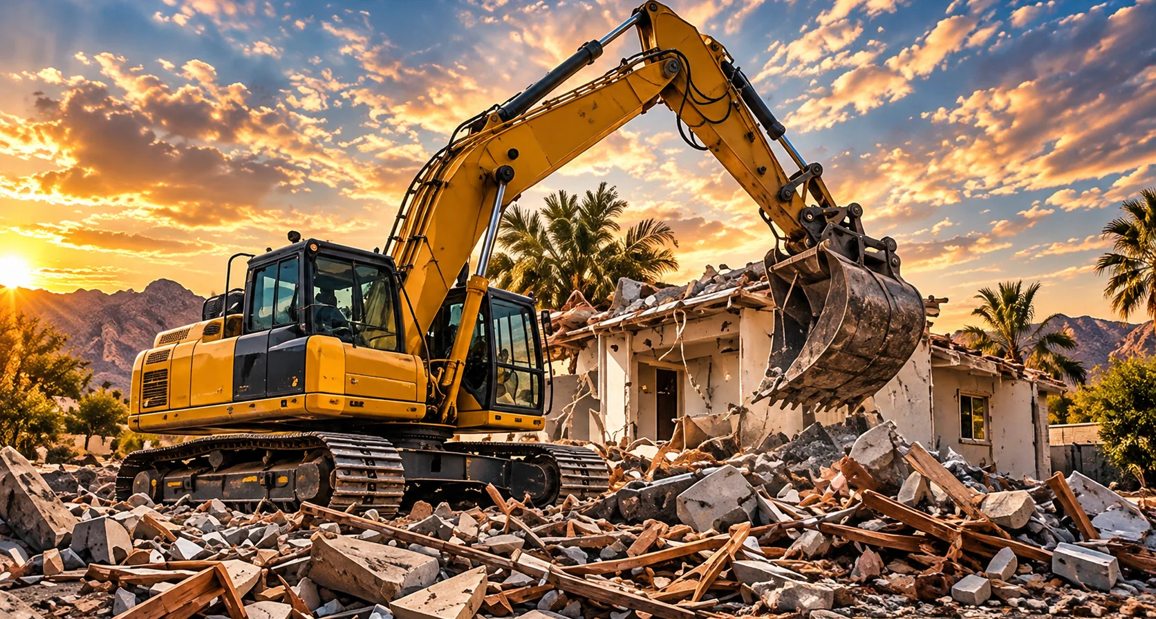 Excavator working through demolition debris beside an Arizona home at sunset
