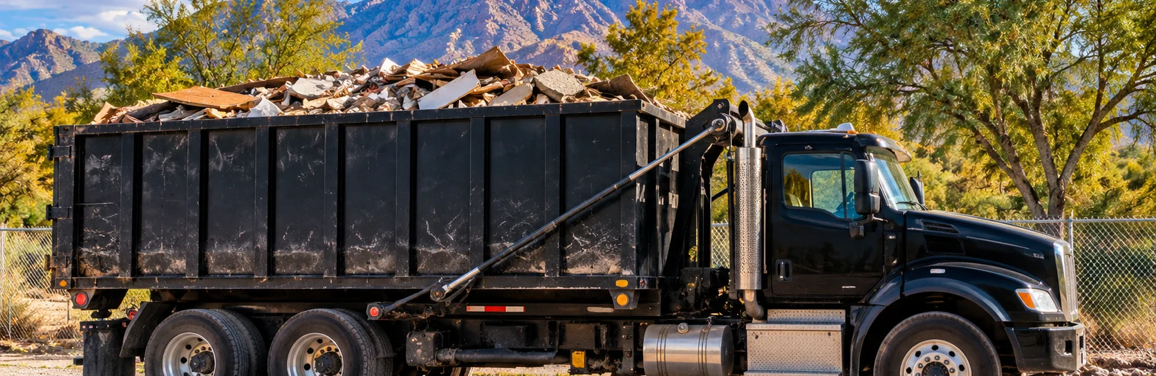 Black hauling truck and debris trailer on an Arizona property