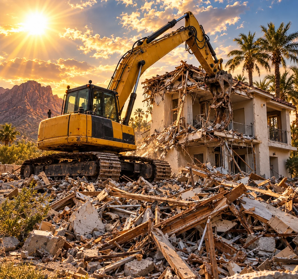 Excavator demolishing a house on an Arizona desert site