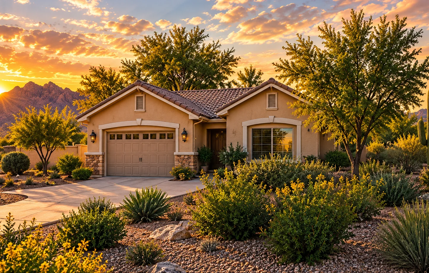 Residential home surrounded by Arizona desert landscaping