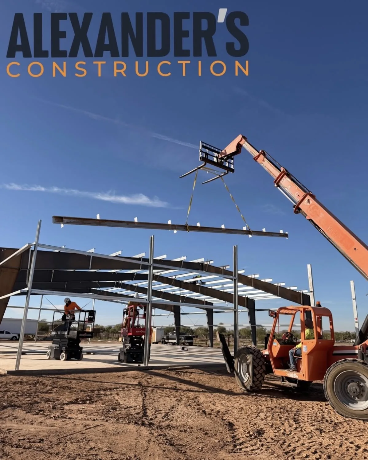 Telehandler lifting a steel purlin above a steel building frame