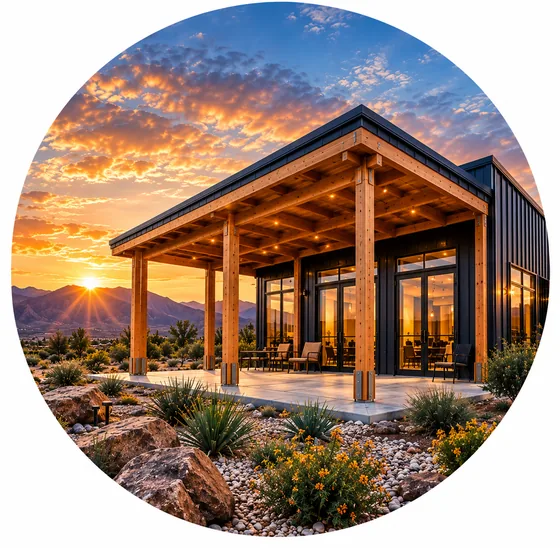 Alexander’s Construction barndominium build at dusk in Maricopa, AZ
