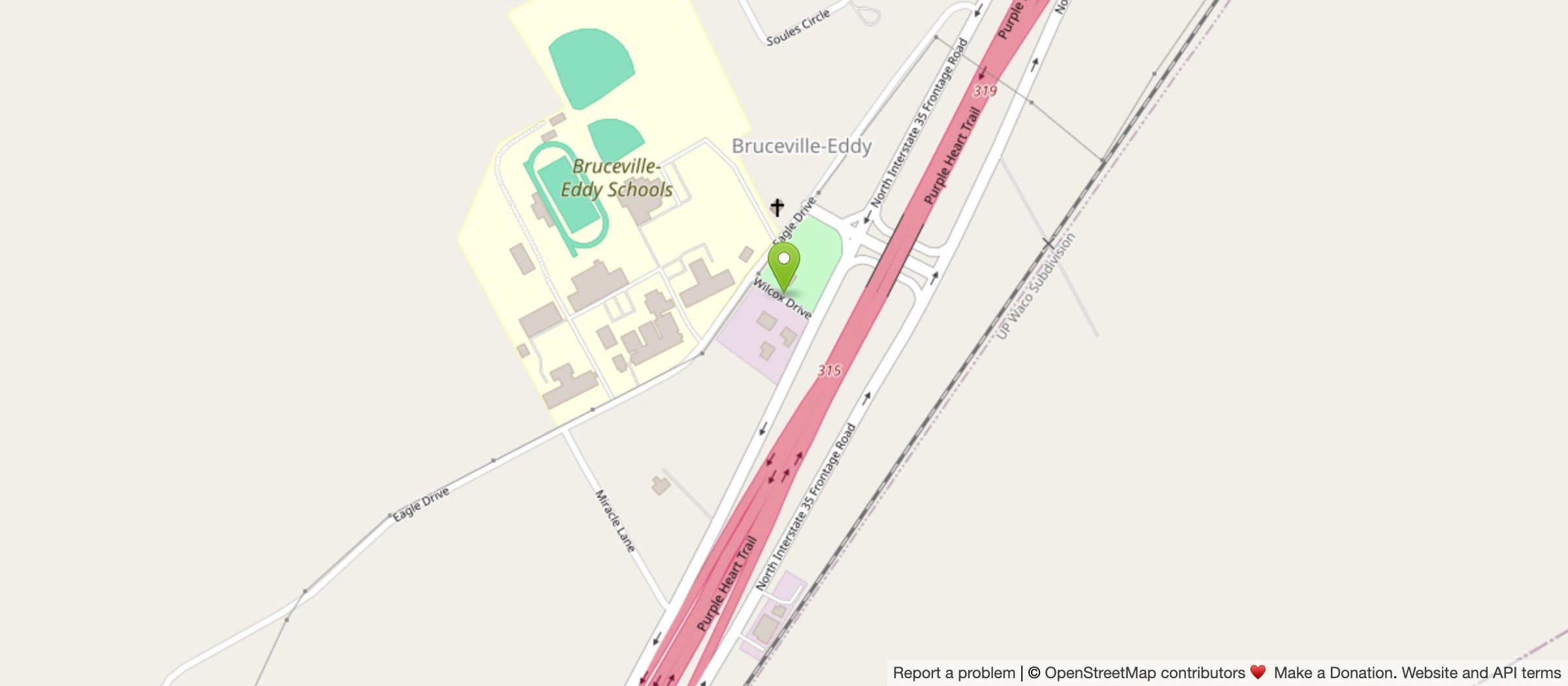 Map showing City Hall at 144 Wilcox Drive, Eddy, Texas, just west of the Interstate 35 frontage road