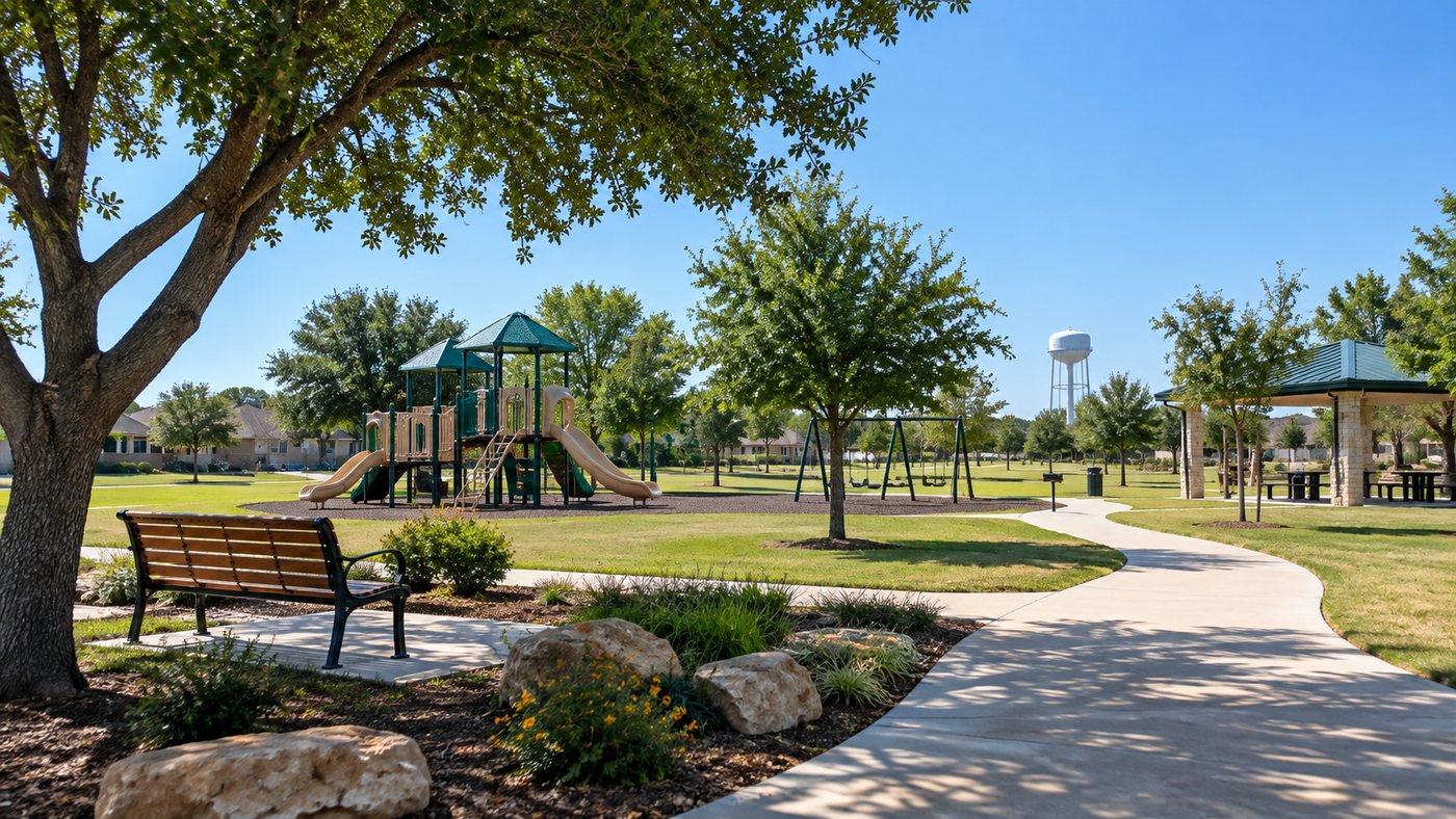 A small neighborhood park with a playground and shade trees in Bruceville-Eddy