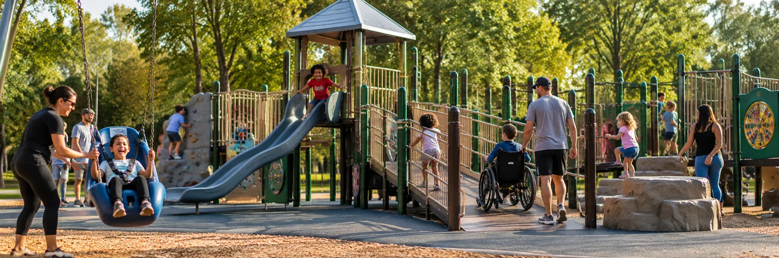 Families enjoying an accessible playground together.