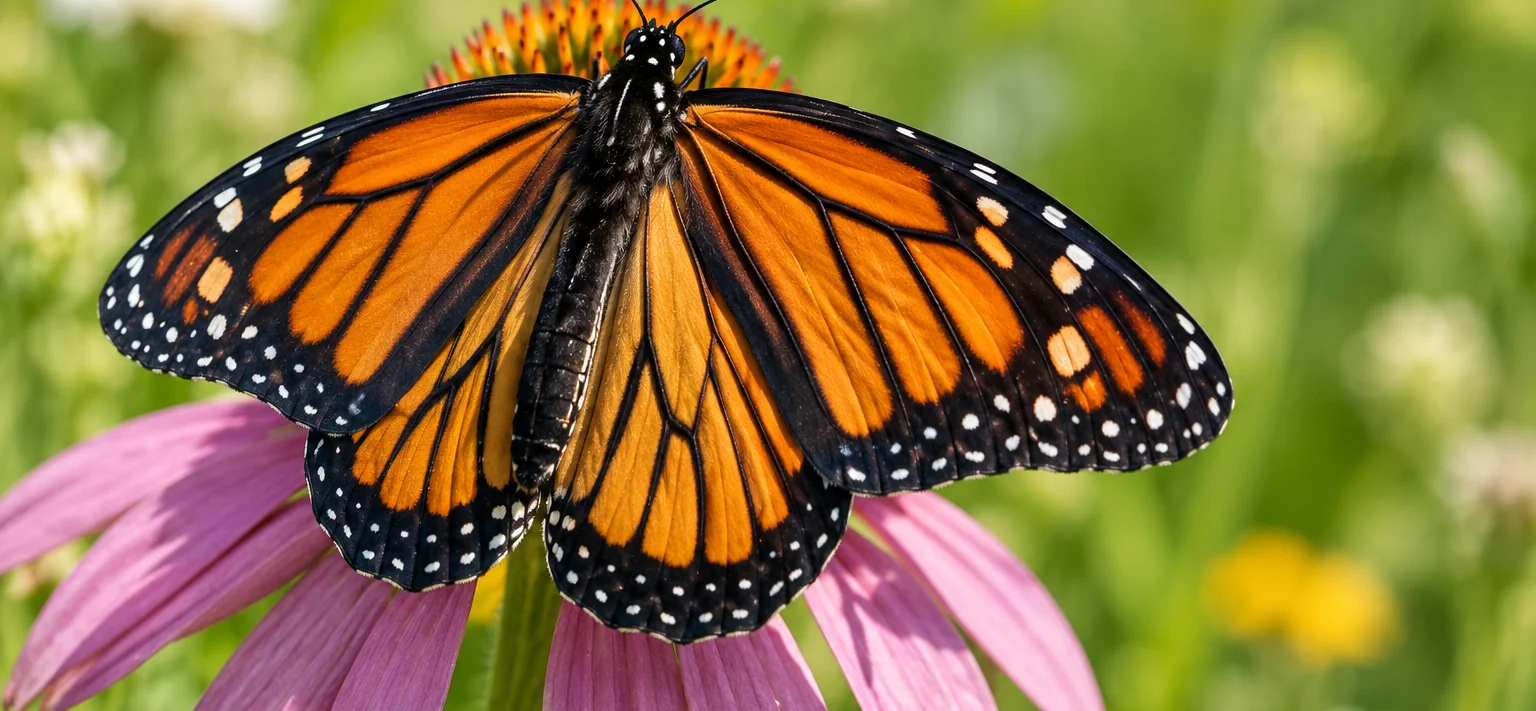 An orange-and-black monarch butterfly resting in a green meadow.