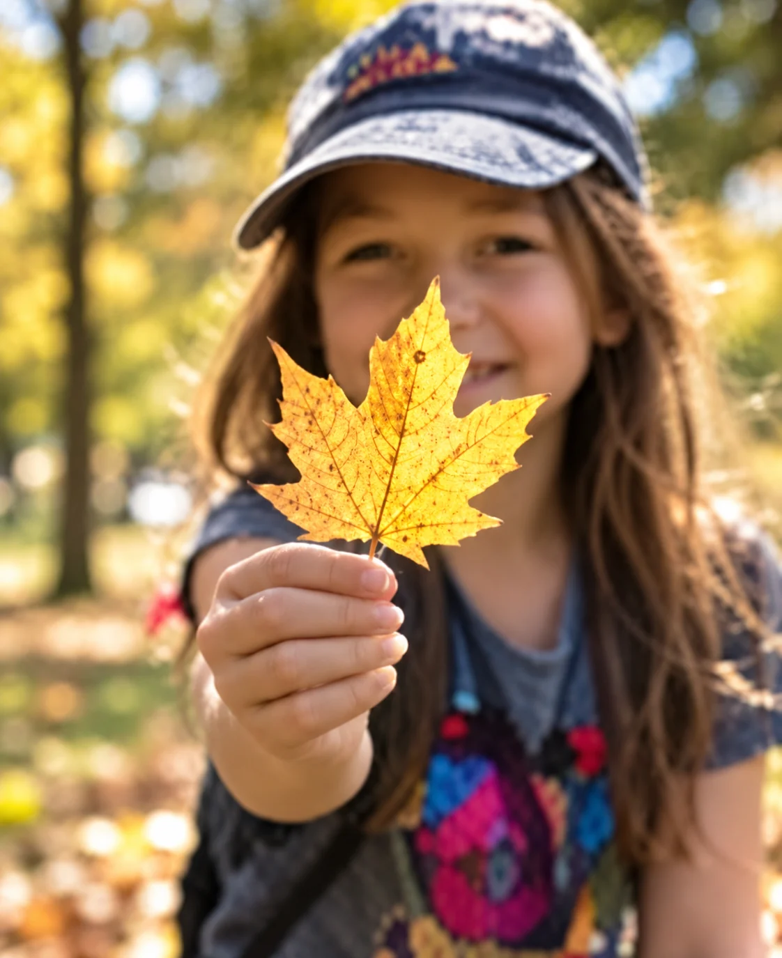 A child holding a golden autumn leaf.