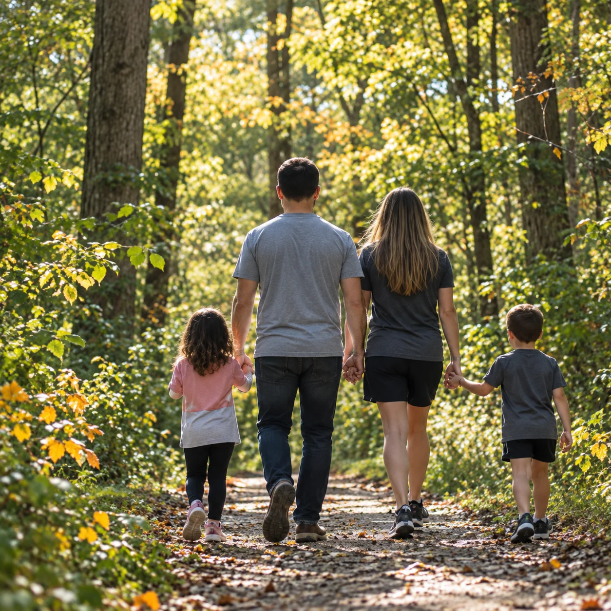A family walking away together along a leafy woodland path.