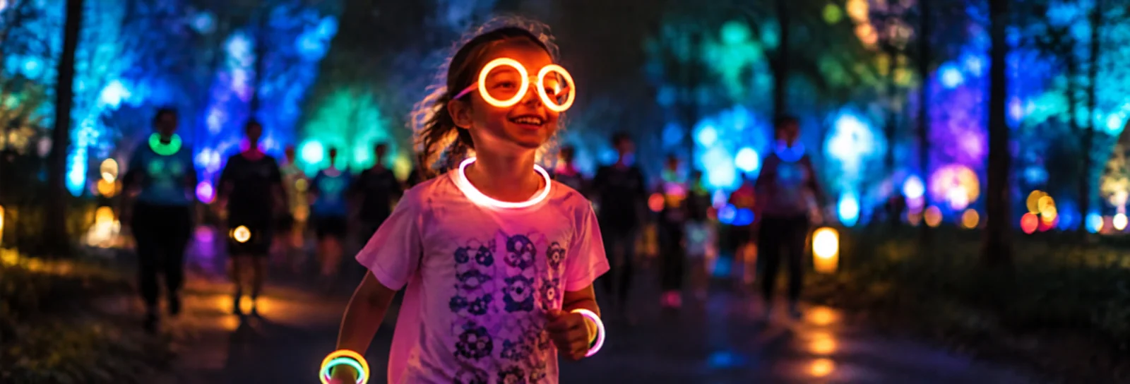 A young participant wearing glow accessories at an evening park event.