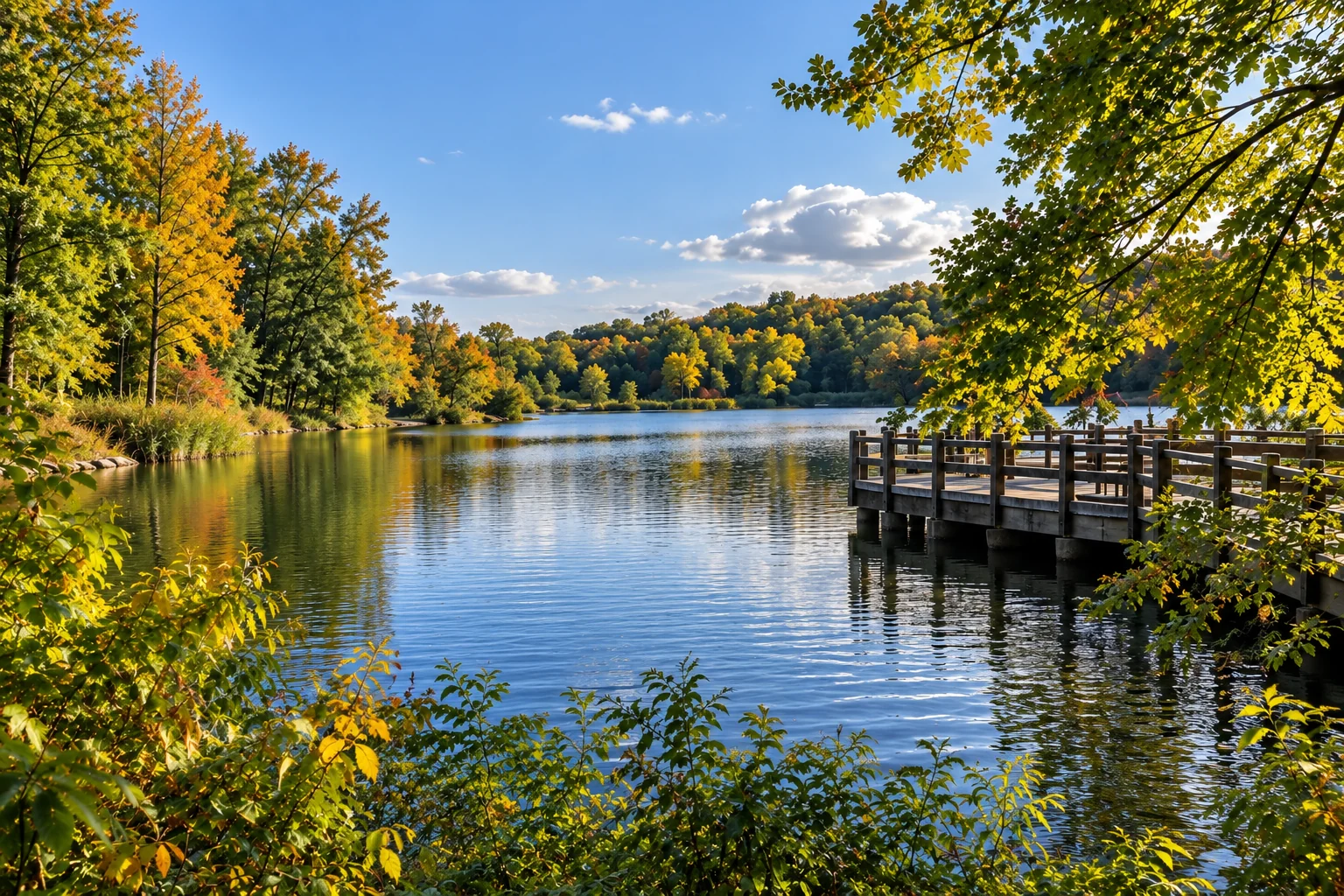 A quiet lake surrounded by trees, with a wooden viewing deck on the right.