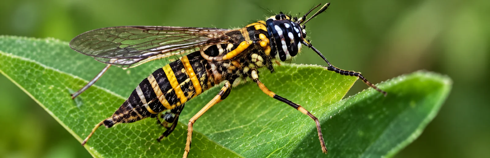 A yellow-and-black hornet mimic fly resting on a leaf.
