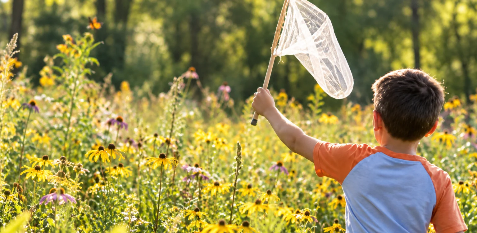 A young explorer discovering flowers in a sunny meadow.