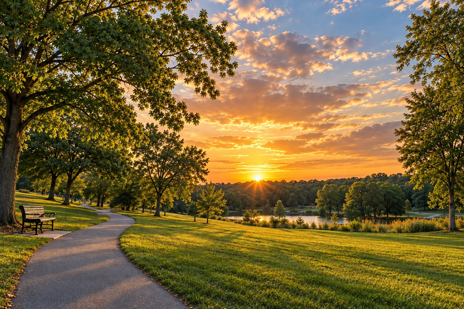 Sunset over a green park with a winding path.