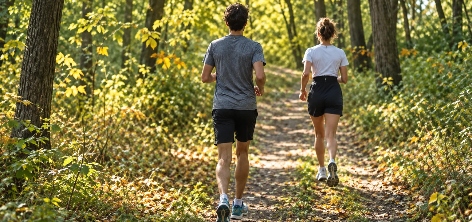 Two runners heading along a sunlit woodland trail.