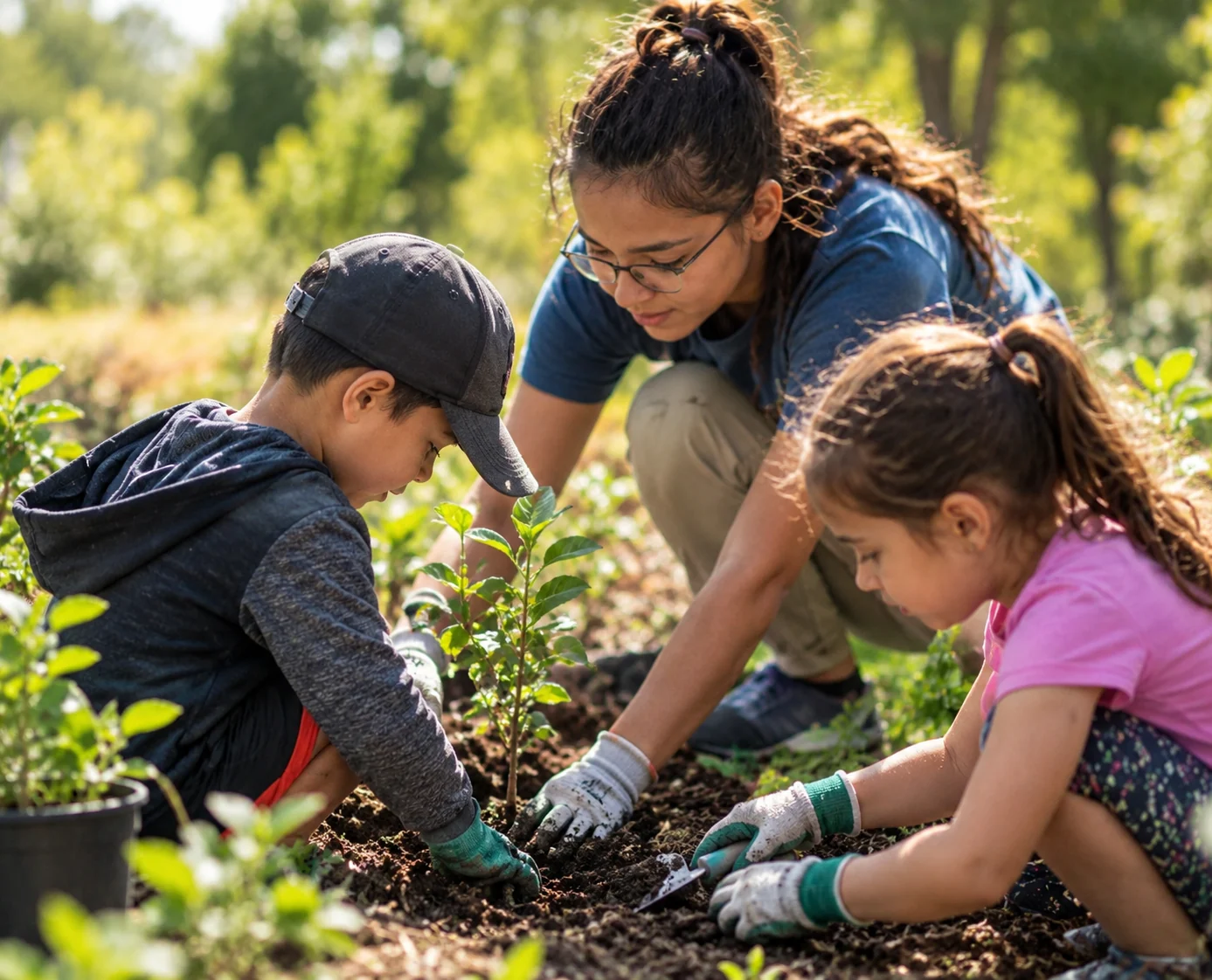 Young volunteers planting together in a community park.
