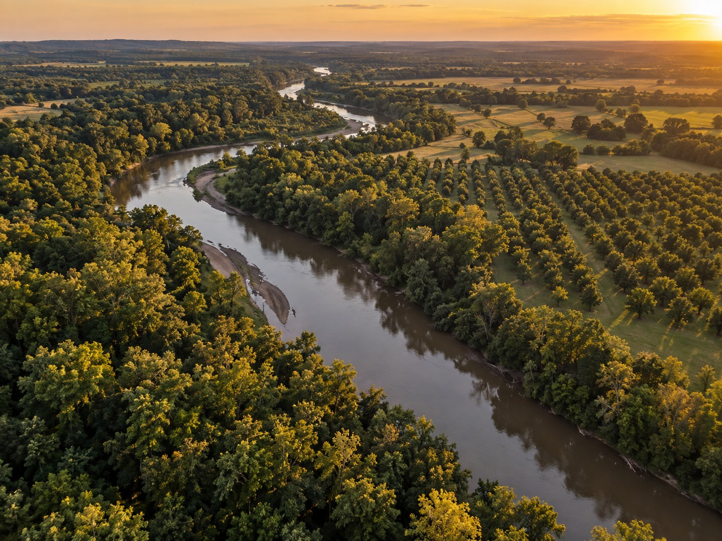 River valley and pecan groves across the Chickasaw Nation at sunrise