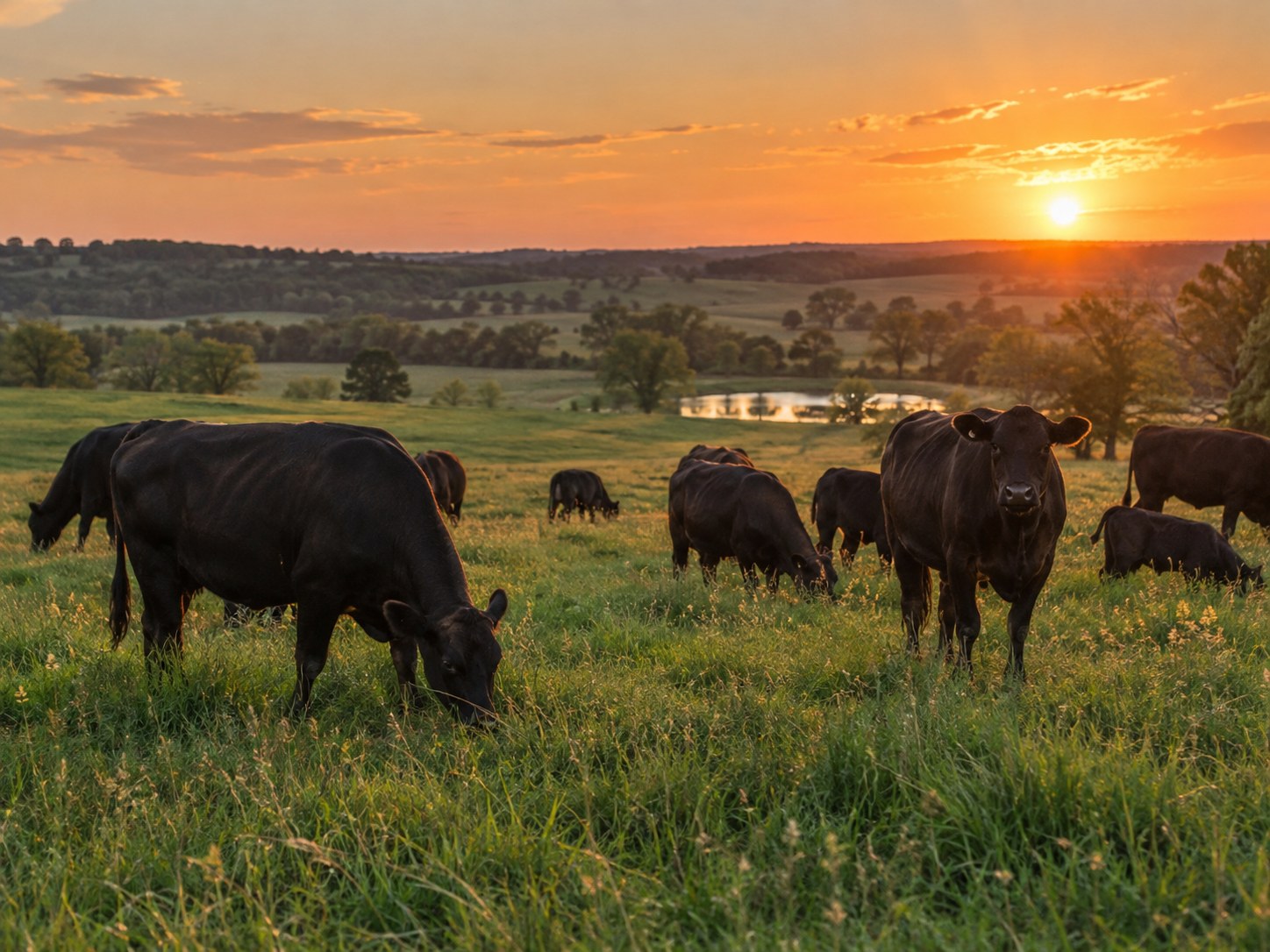 Cattle grazing on Oklahoma pasture at golden hour