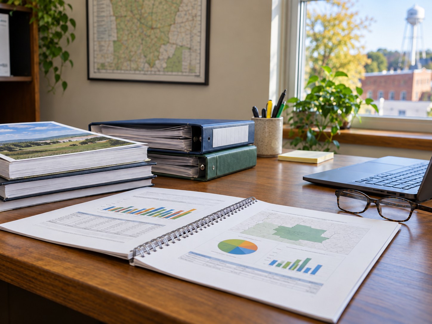 Regional plans and reports on a work table