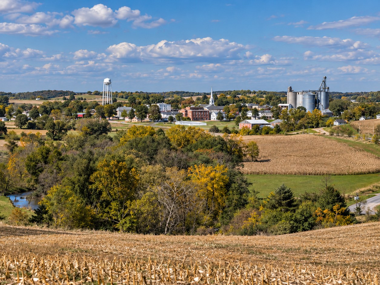 Rolling farmland and a small town across the Green Hills landscape