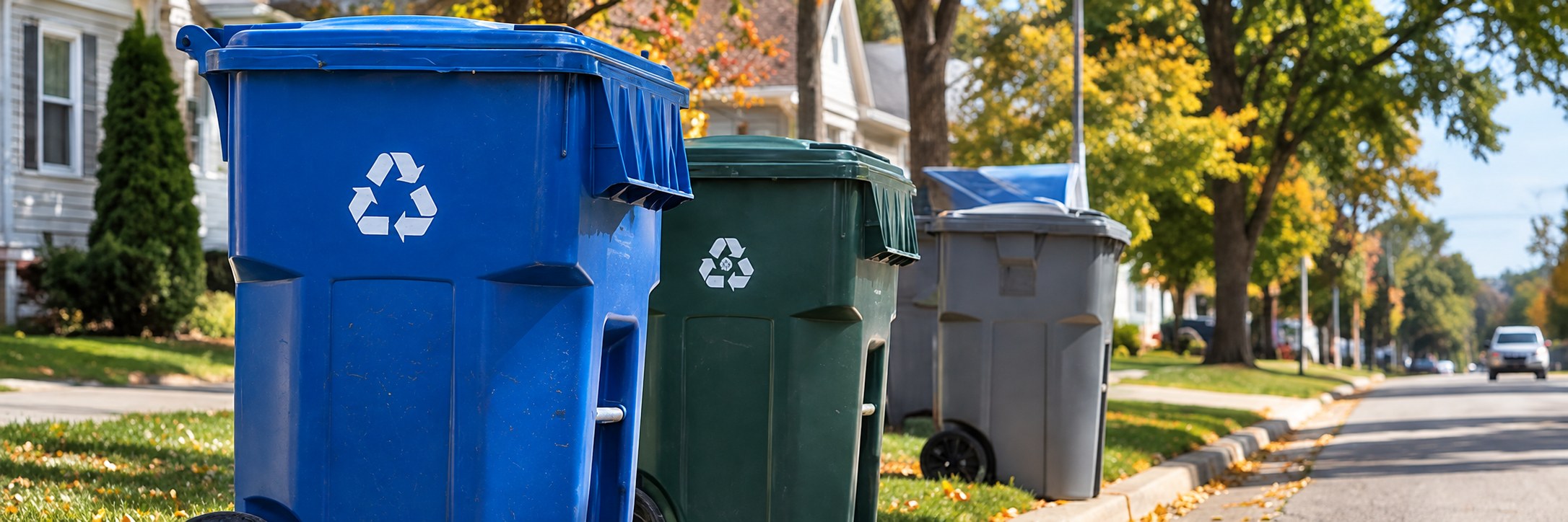 Recycling and waste bins set out at a small-town curb collection point
