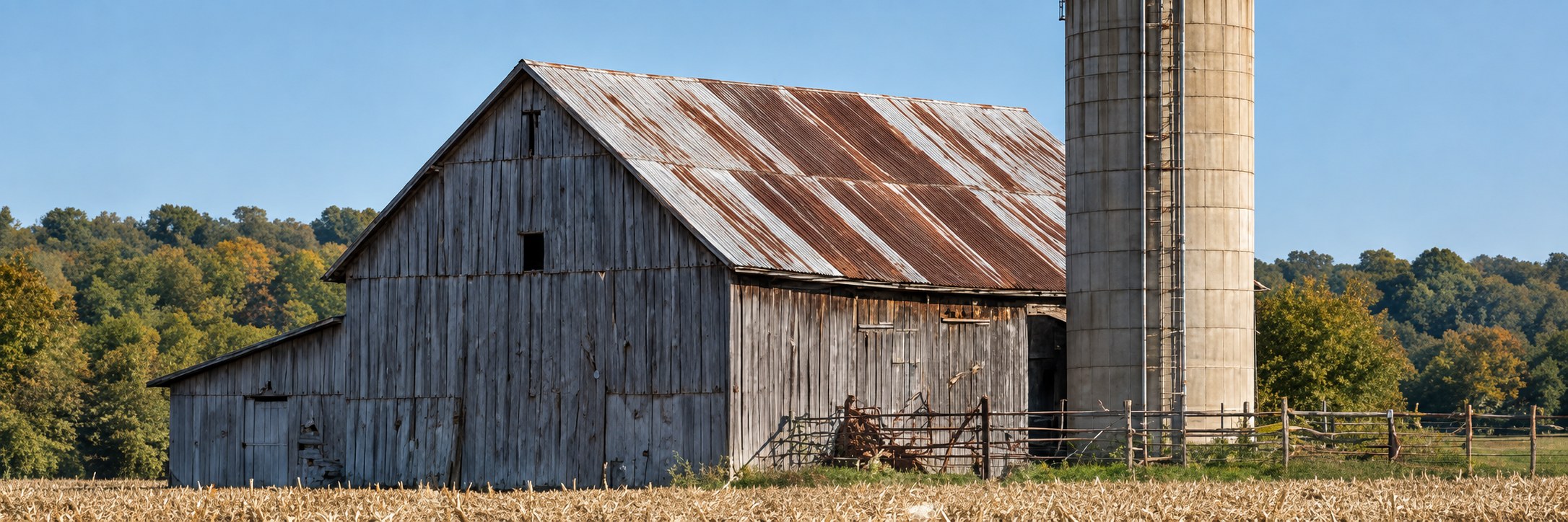 A weathered wooden barn and silo at the edge of a harvested field