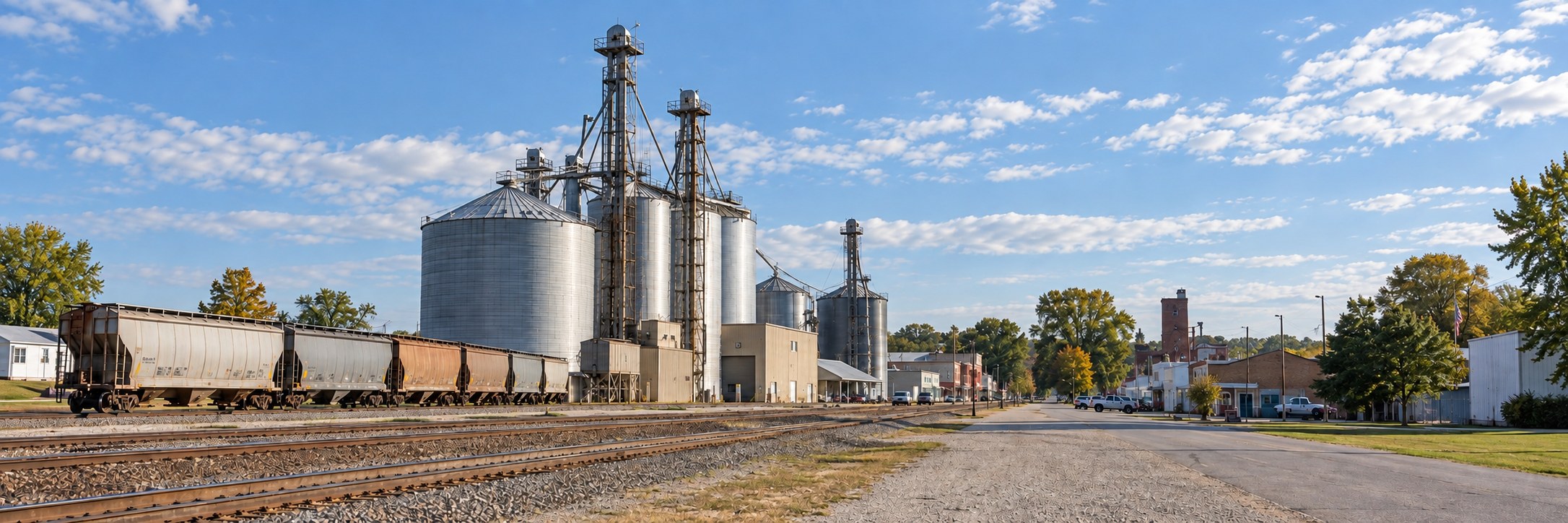 A grain elevator and rail siding beside a small Missouri town