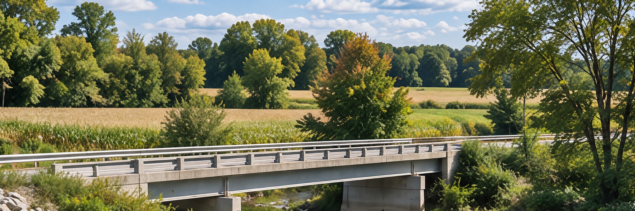A rural bridge over a creek, farmland on either side, in the Green Hills region