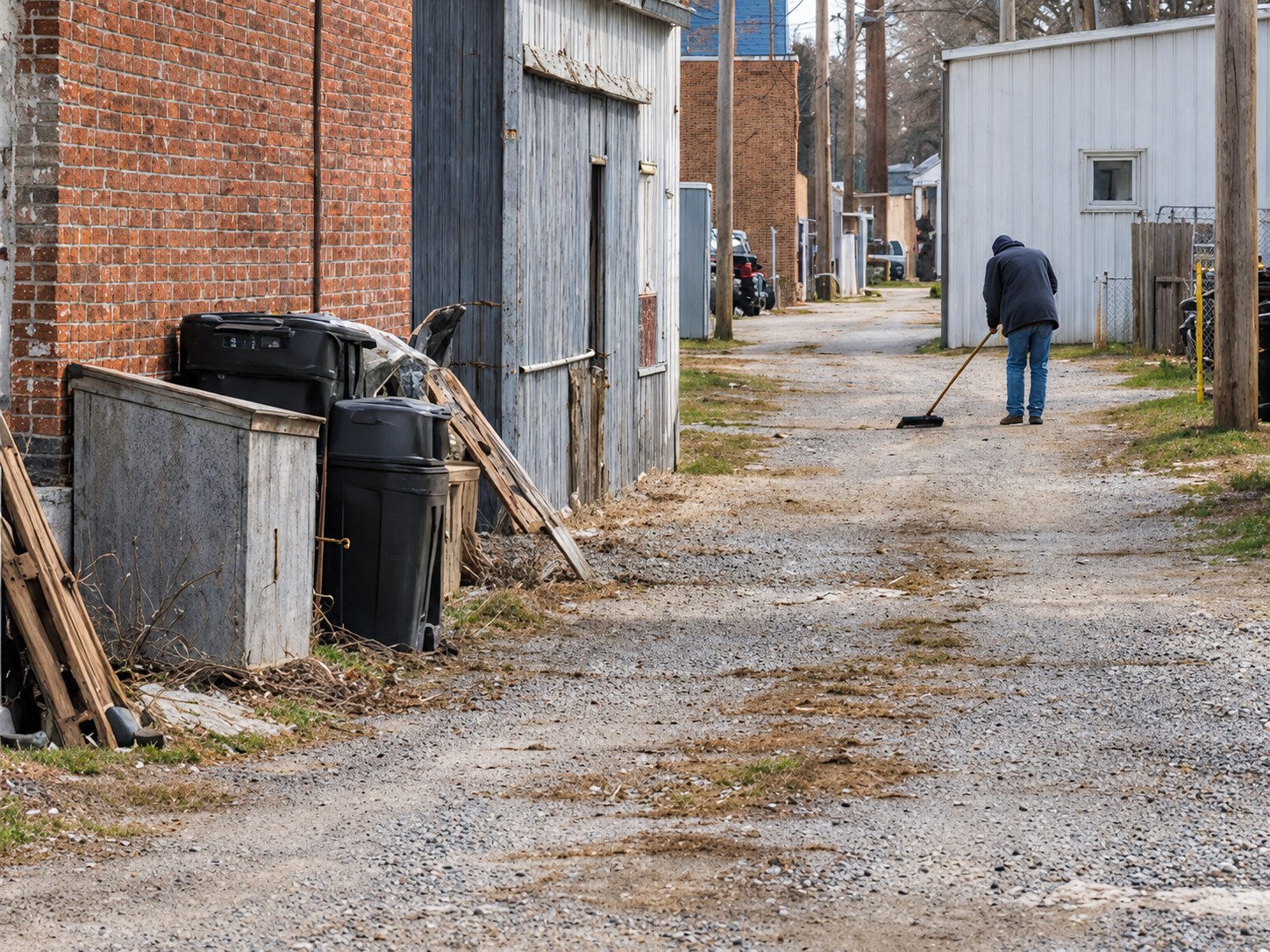 Building exteriors and waste containers along a small-town alley