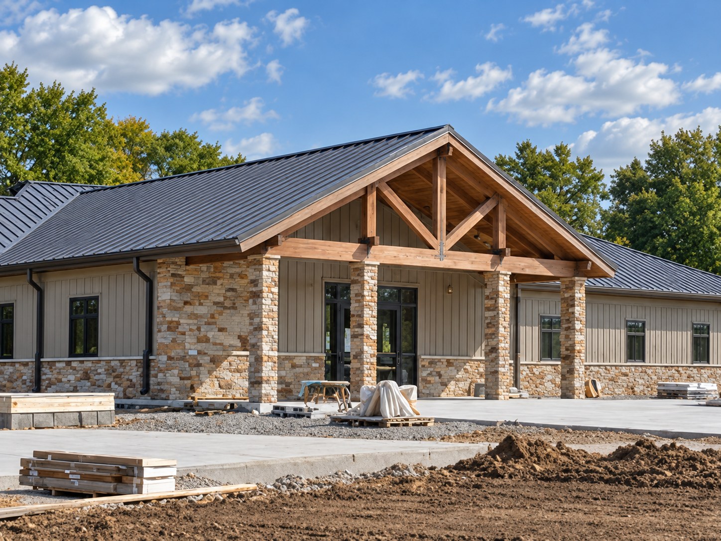 Community building under construction with a timber entrance
