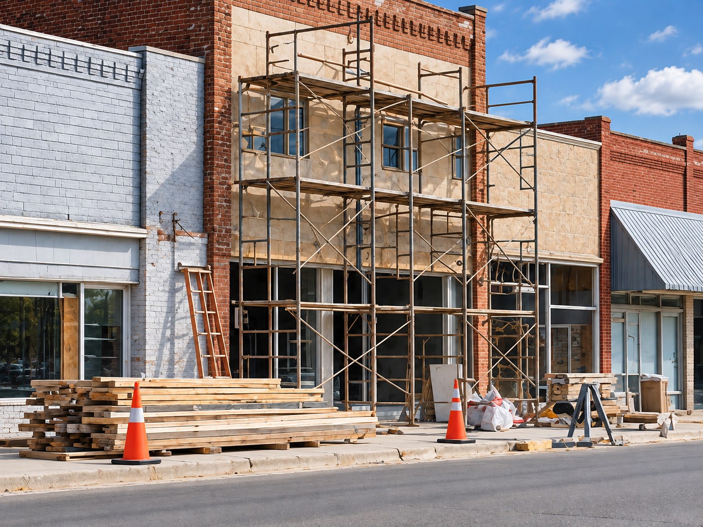 Brick storefront under renovation with scaffolding along a main street