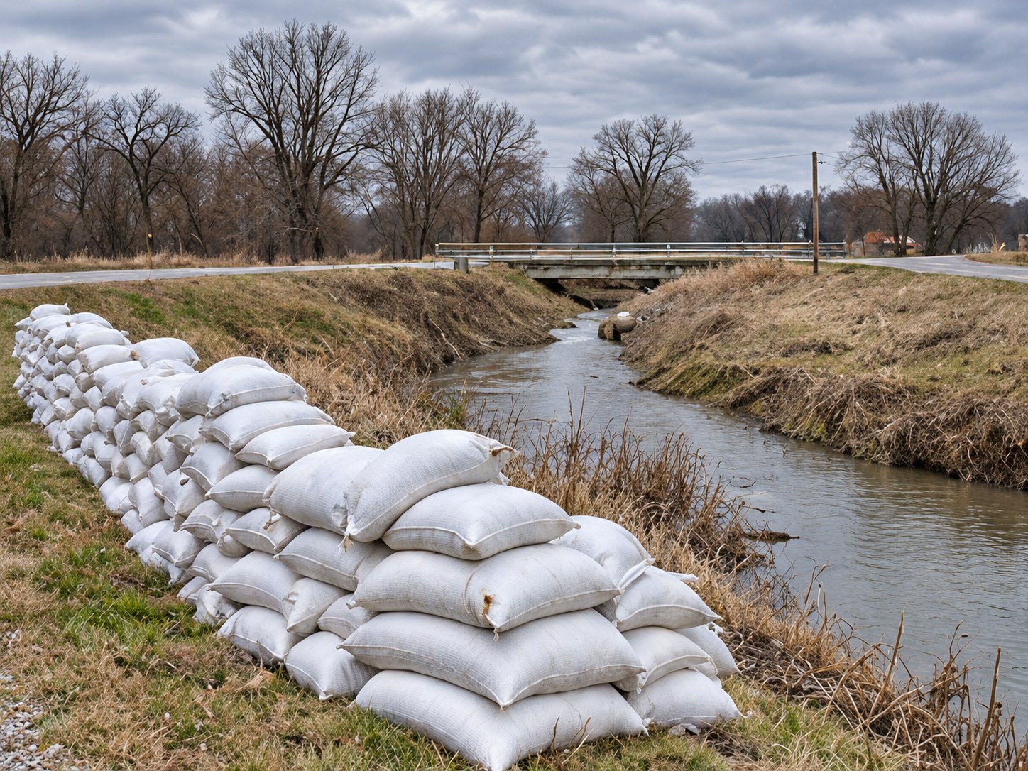 Sandbags lining a creek bank beside a rural road