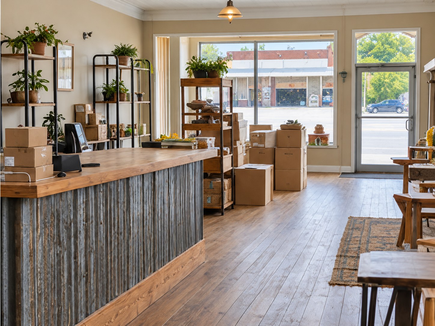 Interior of a small business with a service counter and storefront windows
