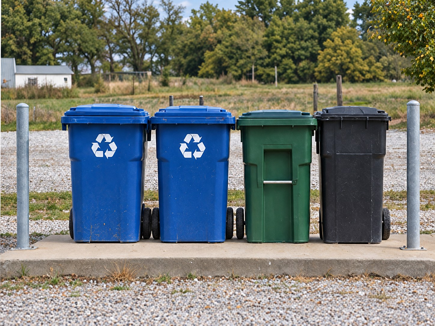 Recycling and waste collection bins at a rural collection point
