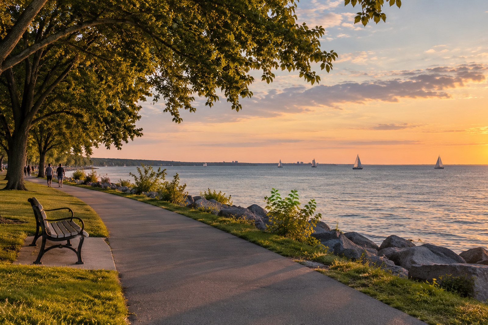 A lakefront promenade in Halton Region at golden hour