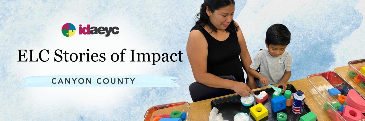 Idaho AEYC Stories of Impact graphic with an adult and child exploring foam blocks