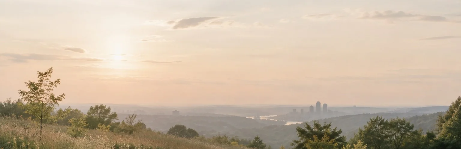 A restored hillside meadow above Pittsburgh at sunrise