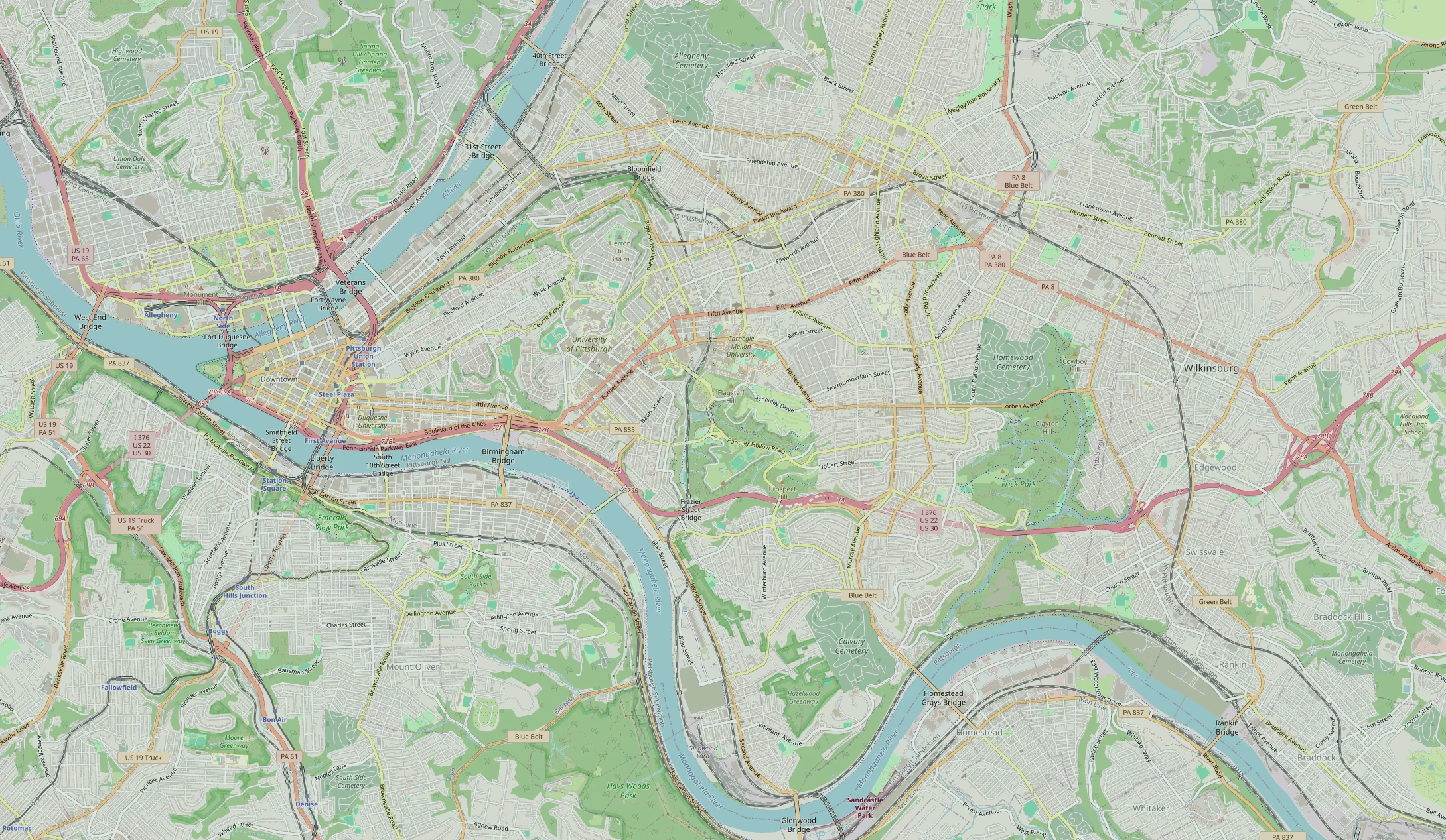Map of Pittsburgh showing Landforce’s office and past-project sites