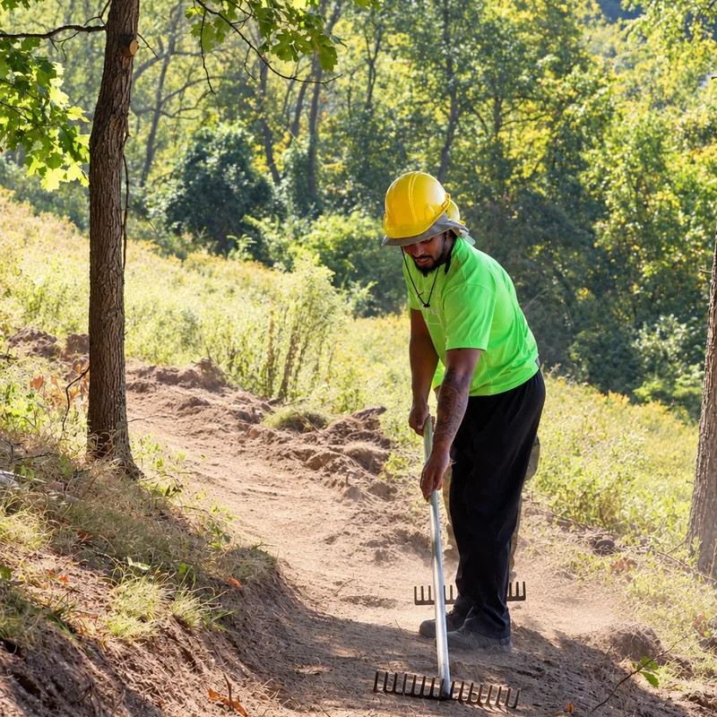 A Landforce crew member raking a new trail at Hartwood Acres