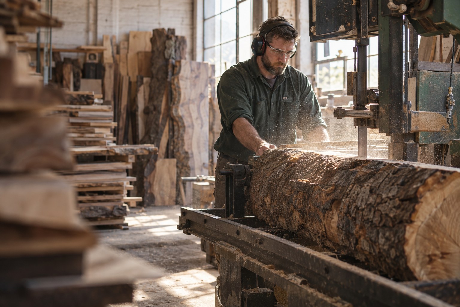 Inside the sawmill: a craftsman guides a reclaimed city log through the band saw, live-edge slabs stacked behind him