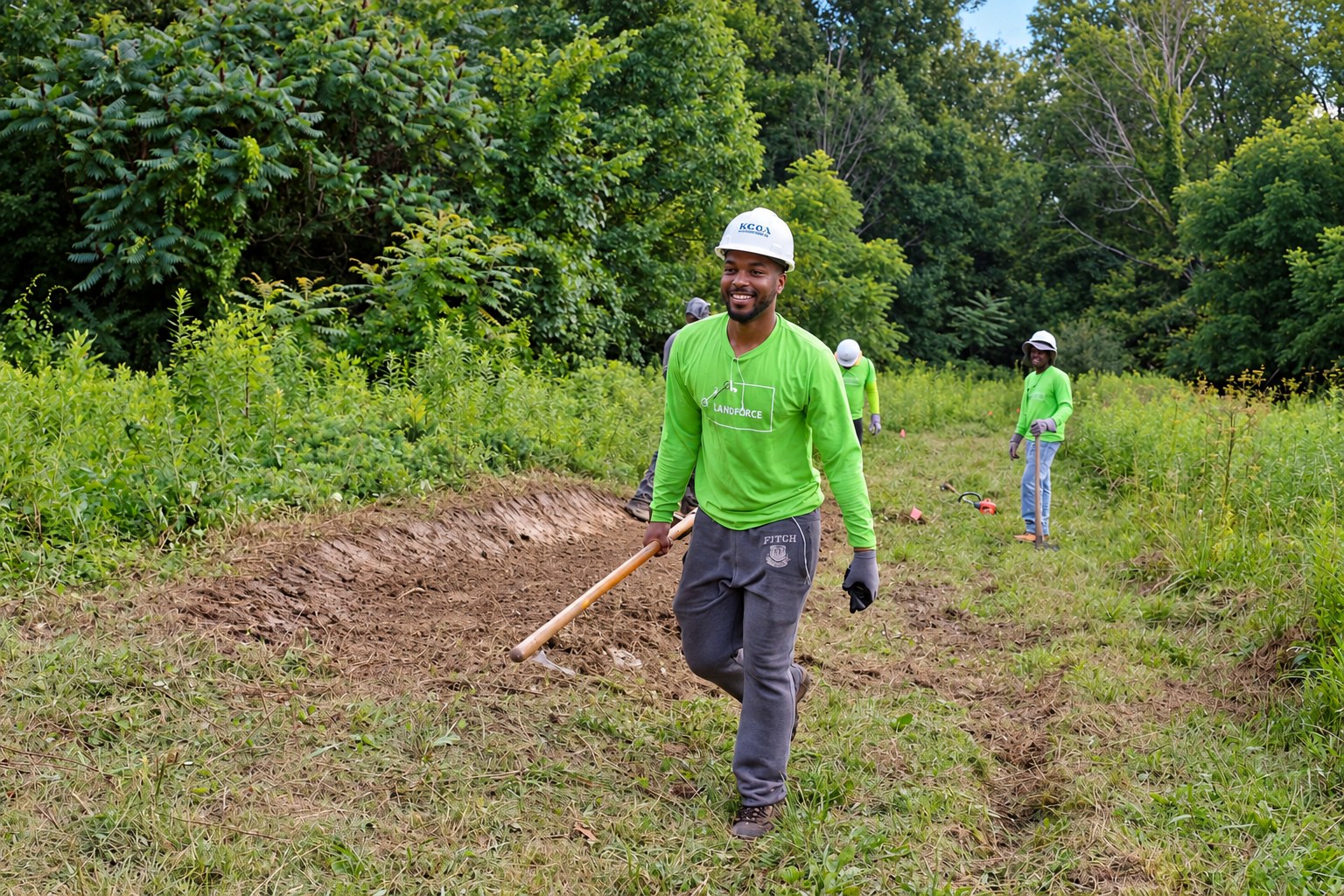 Crew members in bright green shirts and hard hats grade and rake a new planting bed in a sunny meadow