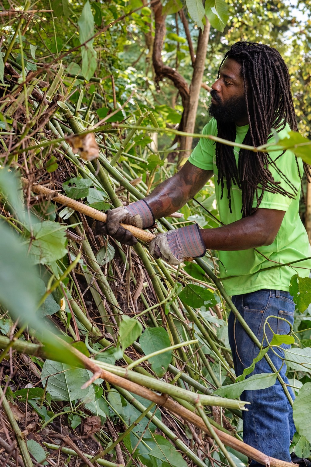 A crew member in a green shirt cuts through a tangle of invasive vines with loppers