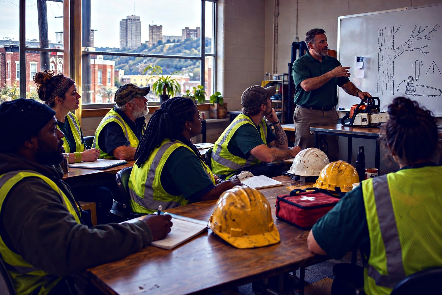 Crew members in safety vests sit at tables during an indoor training session