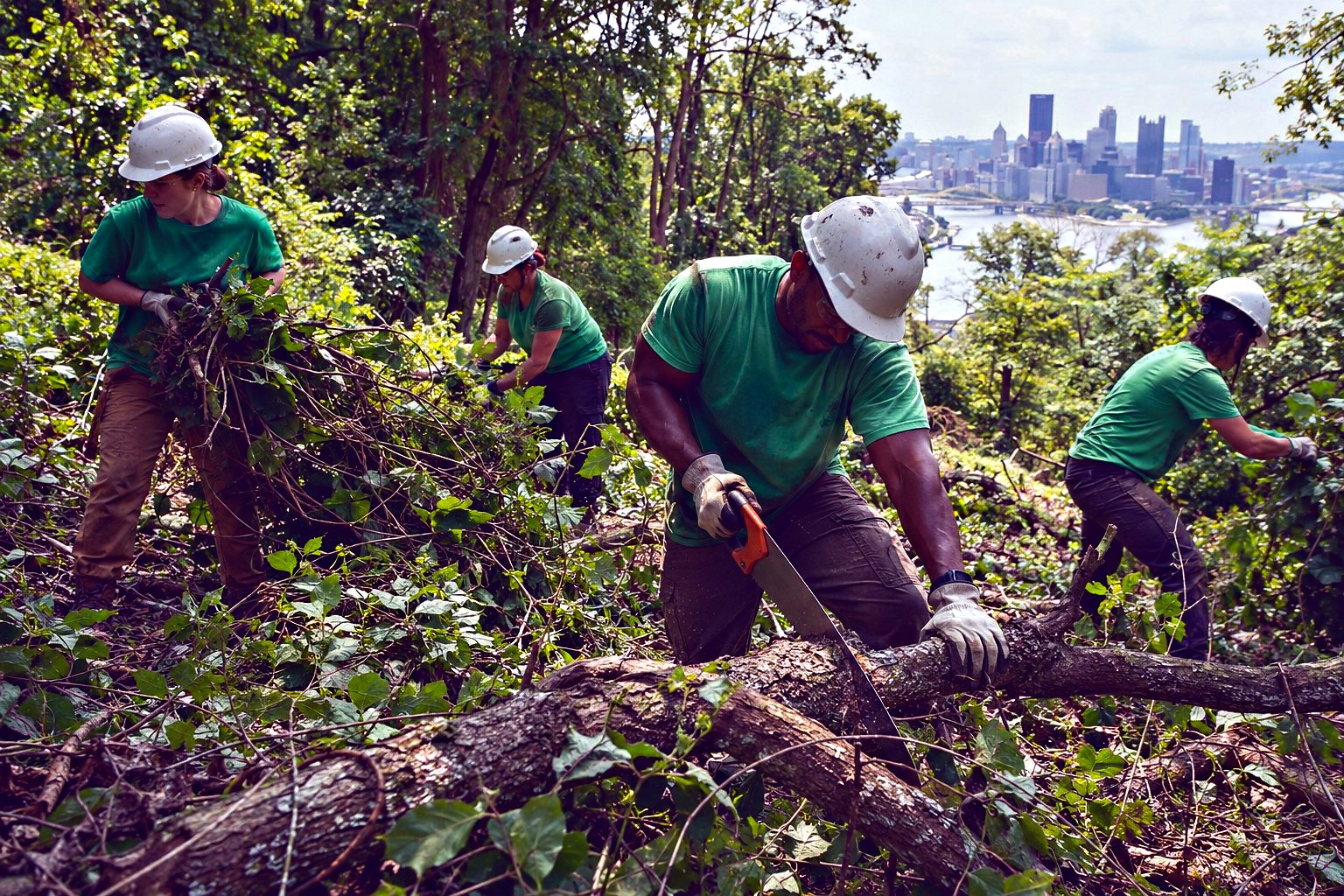 A Landforce crew in green shirts and hard hats clears a hillside of invasive vines with the Pittsburgh skyline behind