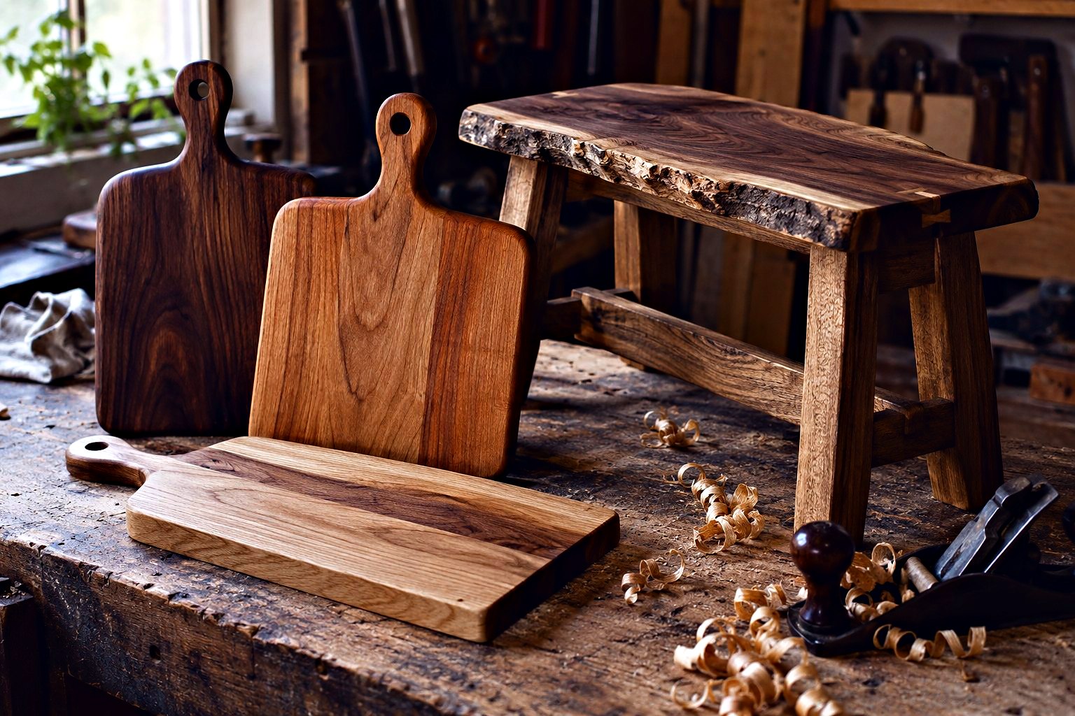Cutting boards and a live-edge bench made from reclaimed urban lumber