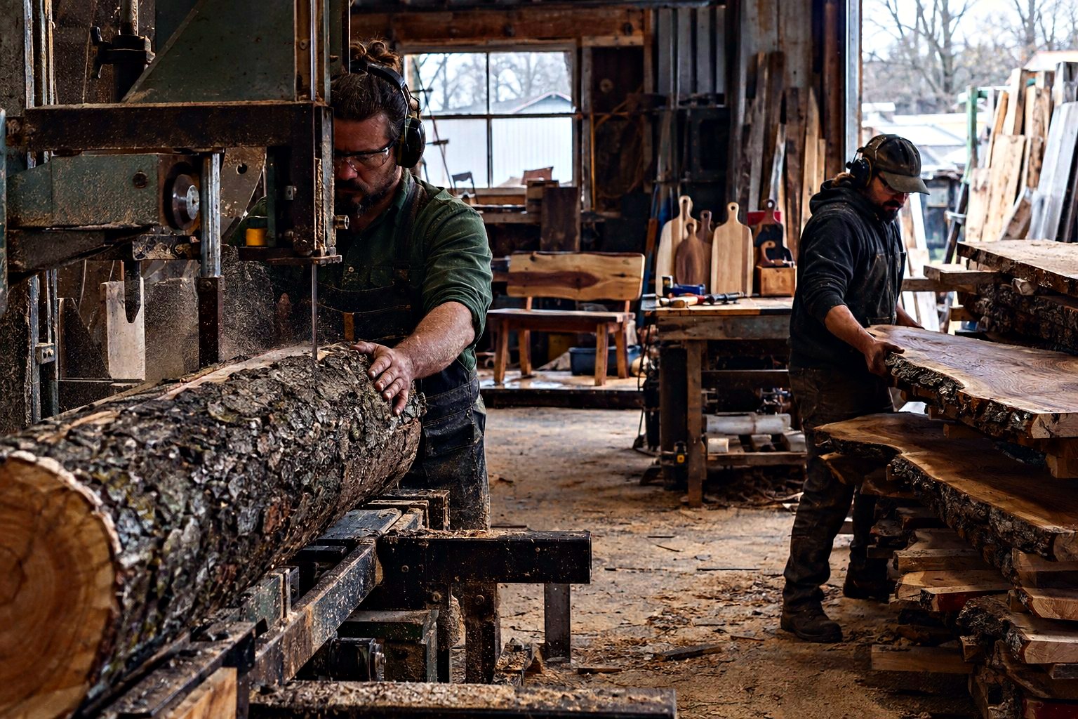 Inside the sawmill with stacked boards drying on racks
