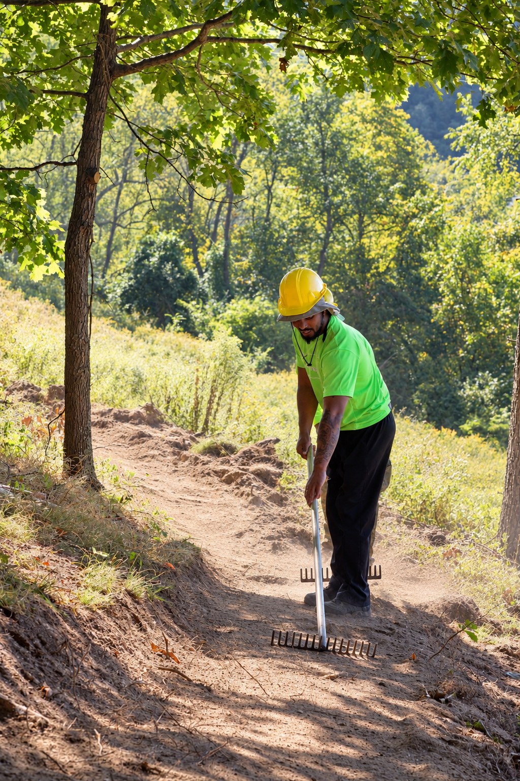 A crew member in a yellow hard hat rakes a shaded hillside trail