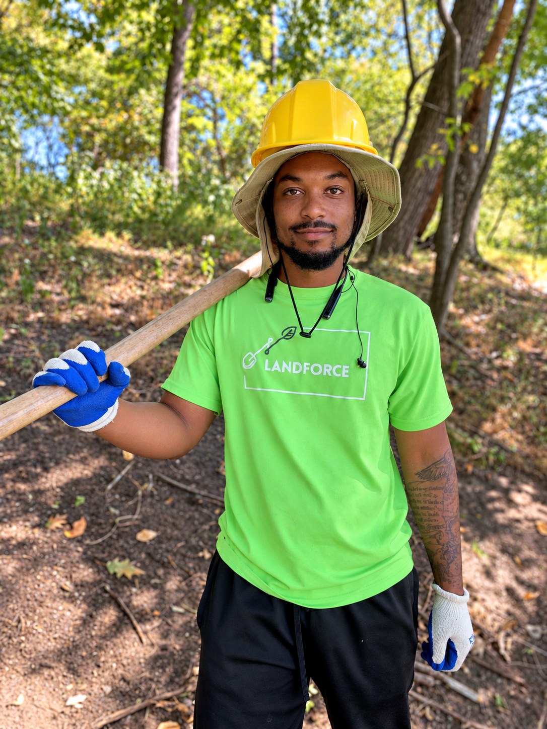 A smiling crew member in a green Landforce shirt and yellow hard hat shoulders a tool on a wooded trail