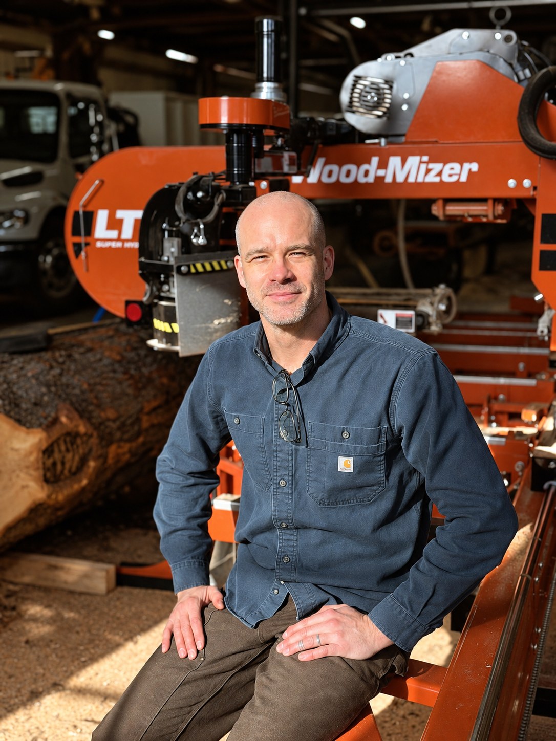 A staff member sits beside the orange Wood-Mizer sawmill inside The Mill