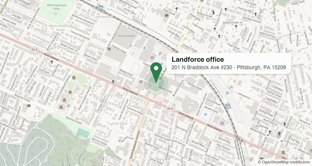 Map of Point Breeze North, Pittsburgh, with a pin on the Landforce office at 201 N Braddock Avenue near Penn Avenue